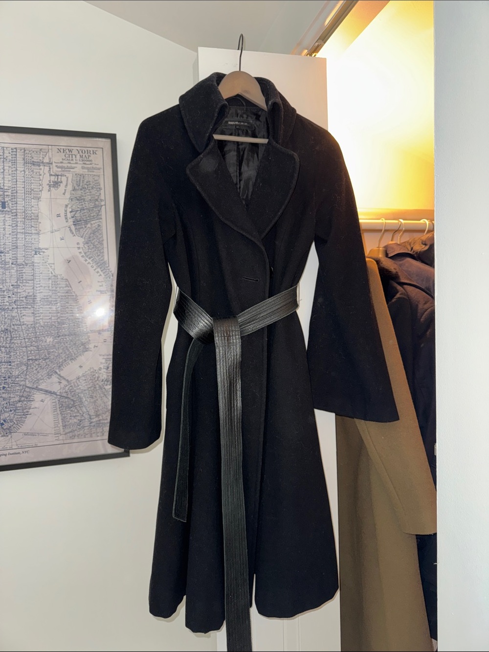 Womens Black Long Belted Wool Coat